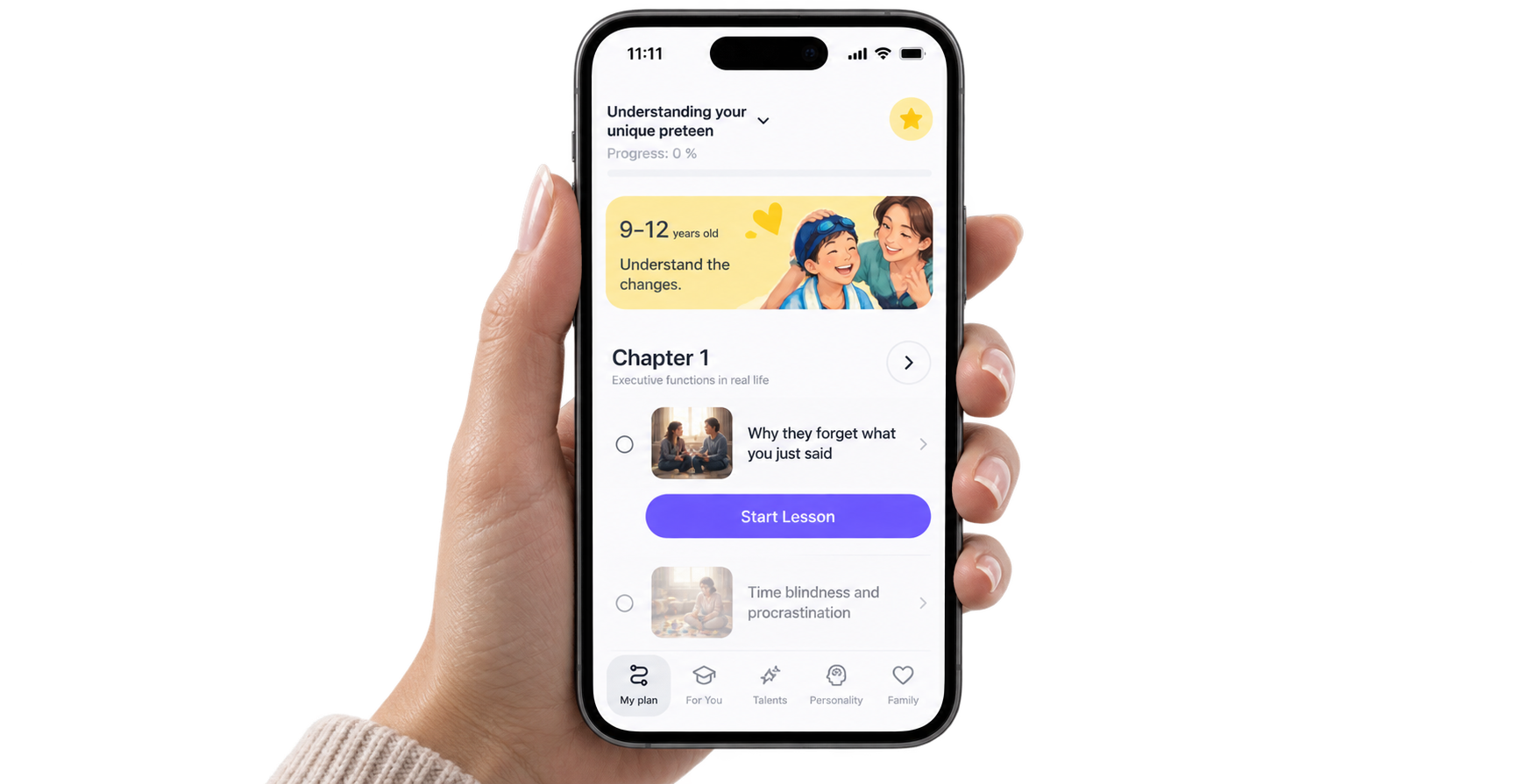 A hand holding an iPhone with a Uni learning program for children aged 9 to 12