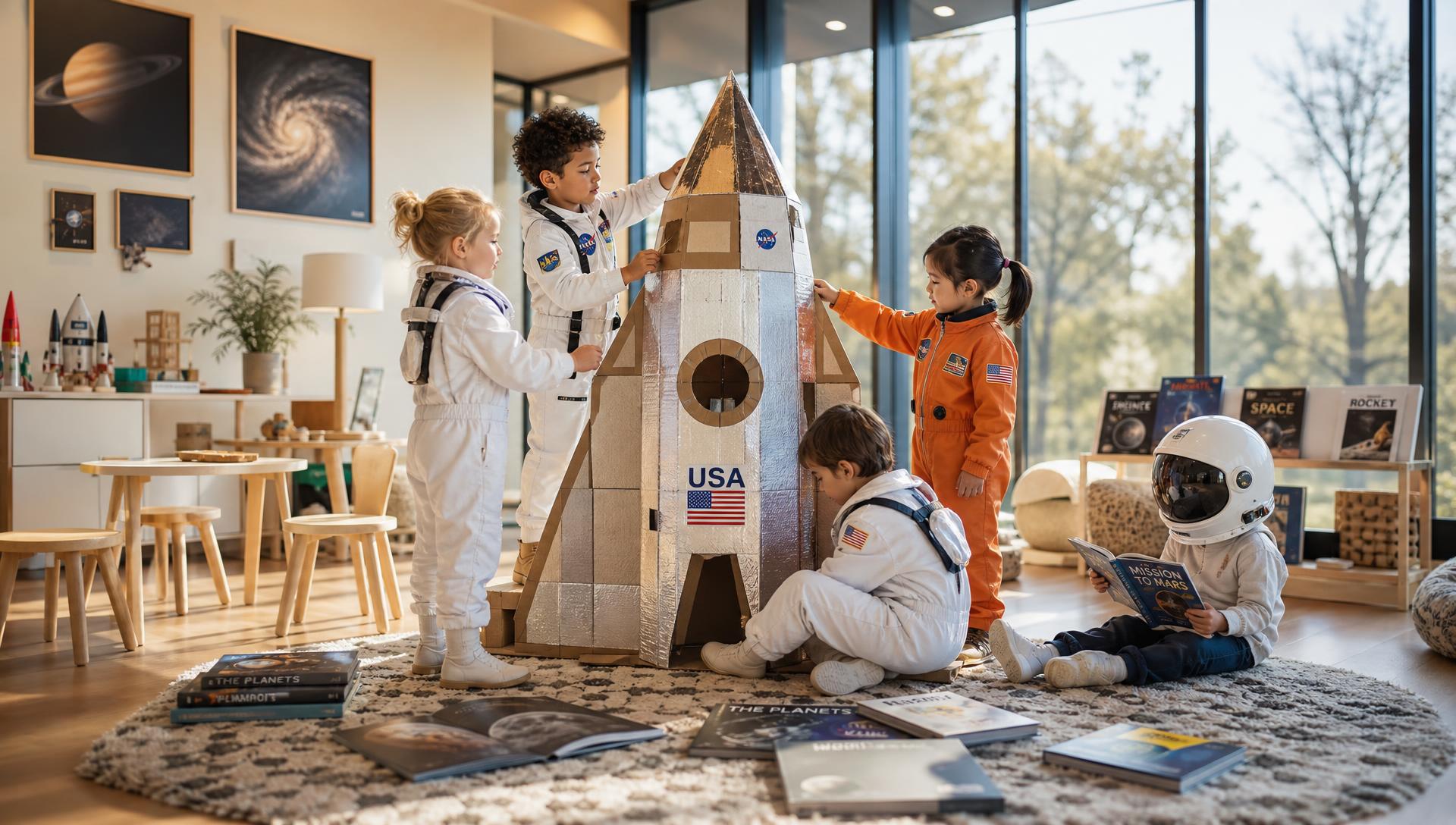 Kindergarten children building a big cardboard spaceship together, space magazines around them