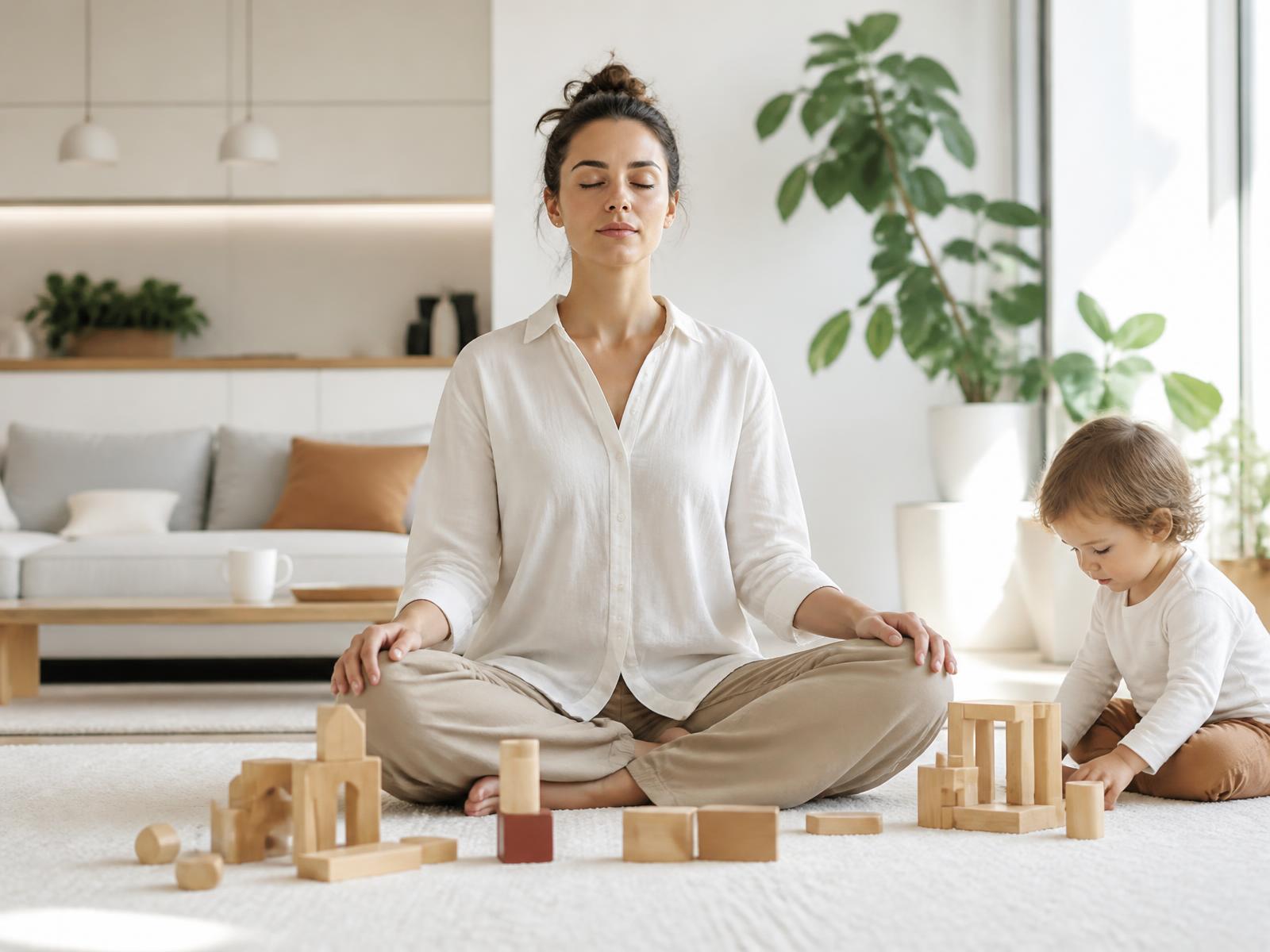 A parent breathing calmly while a child plays with wooden blocks nearby