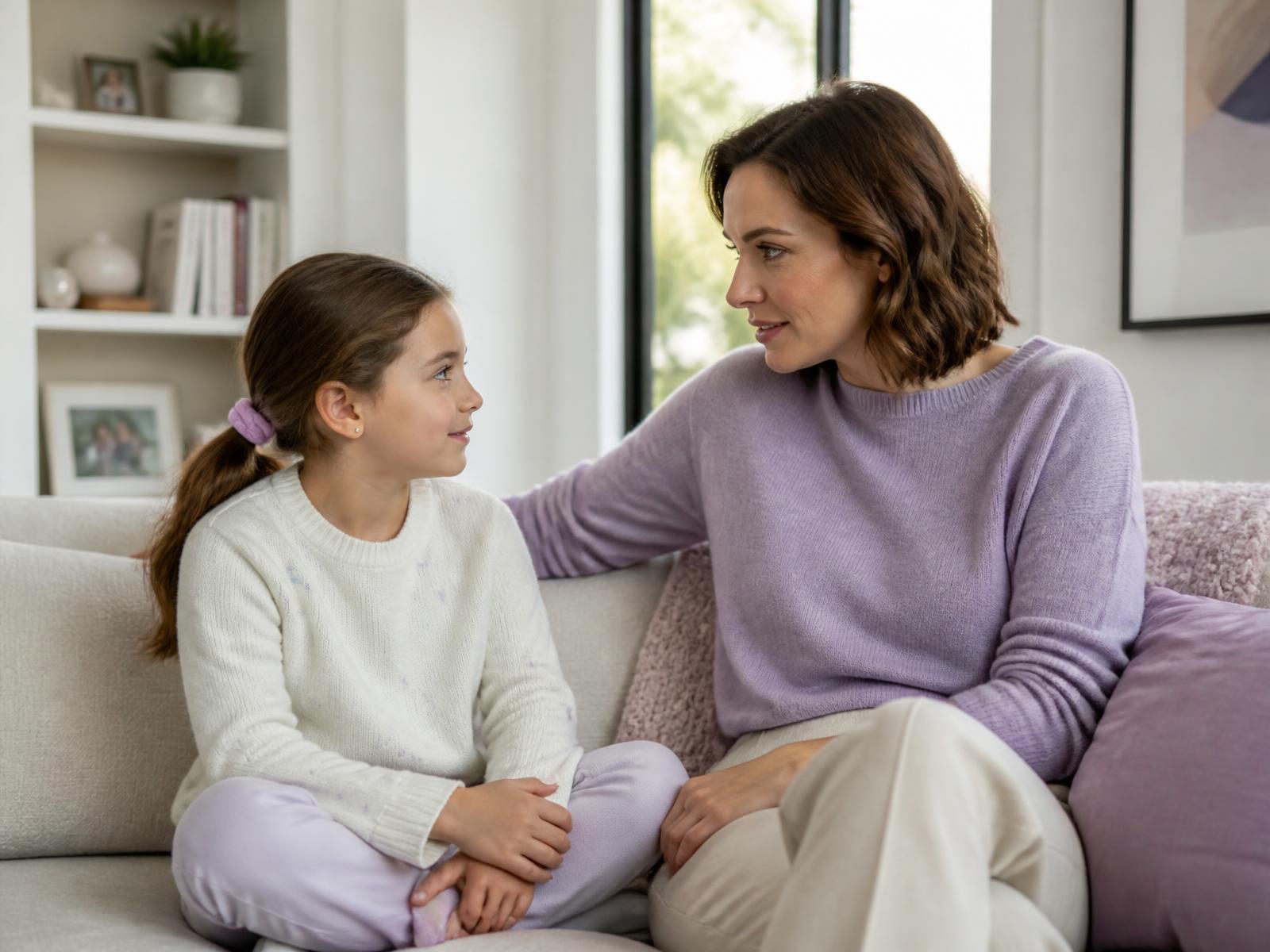 A parent and child talking calmly on a sofa in a bright modern living room