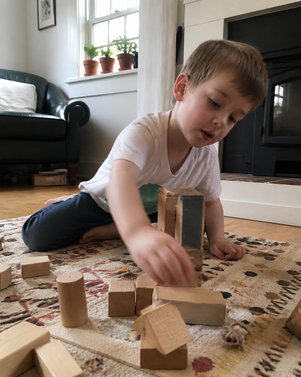 Boy playing with wooden blocks on the living room rug