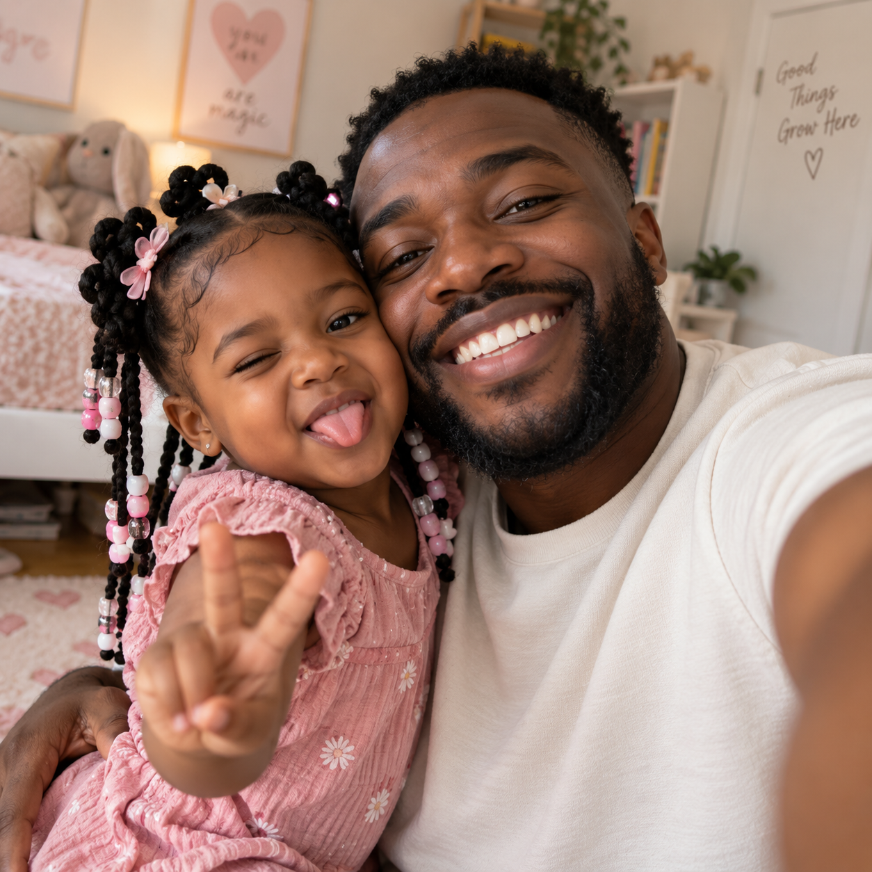 Father and daughter taking a selfie in her bedroom
